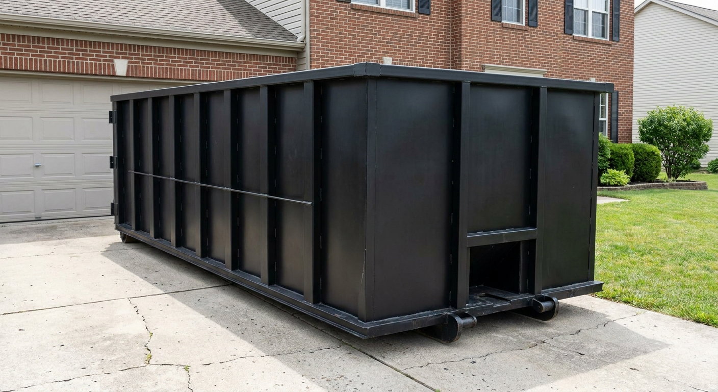 Matte-black 20-yard roll-off container on a Harlingen residential concrete driveway with reinforced ribbed steel sidewalls and a hinged rear walk-in door, clean bright daylight.