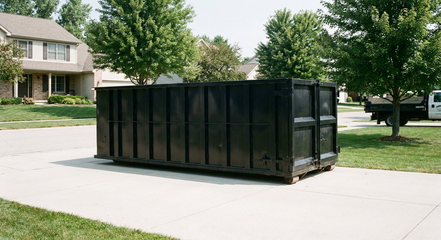 Matte-black 20-yard roll-off dumpster sitting level on a clean Harlingen residential concrete driveway under bright daylight, demonstrating clean placement directly on the concrete.