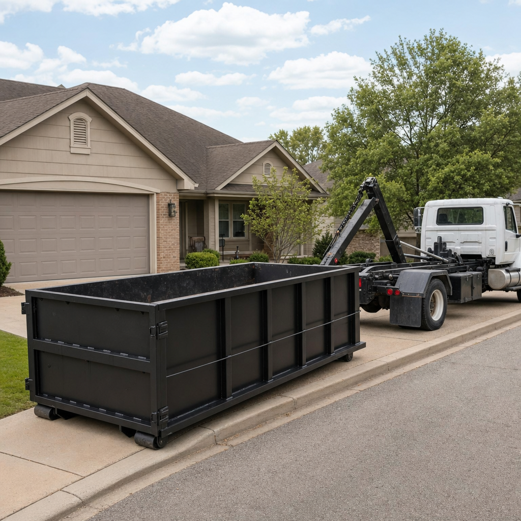 Wide documentary shot of a matte-black roll-off dumpster on a Harlingen residential driveway in the foreground and a contractor jobsite container in the soft-focus background, bright daylight, calm and orderly composition.